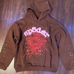 Brown with Pink letters Sp5der hoodie Size (Large)